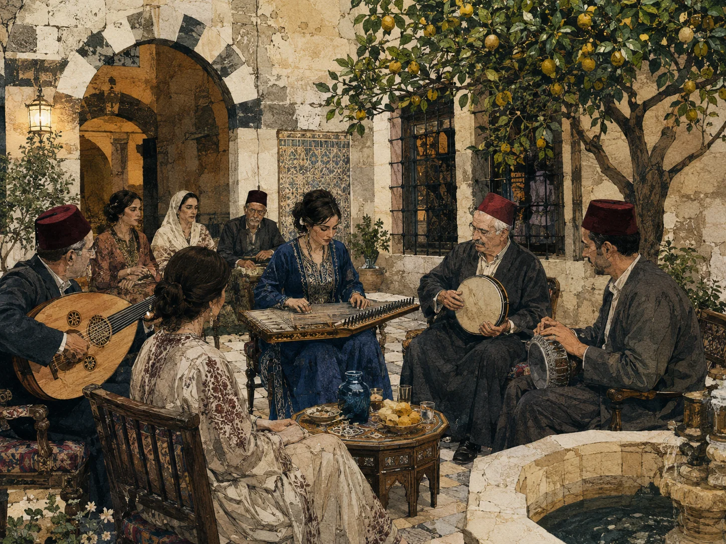 Editorial illustration of an Aleppine musical gathering