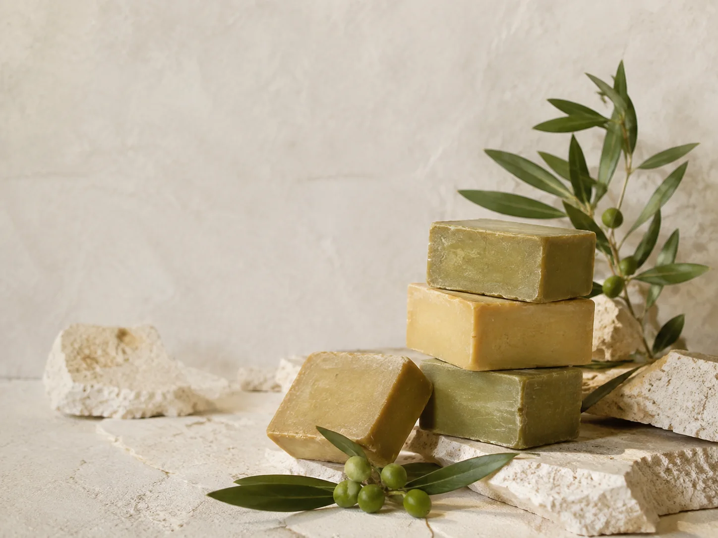 Editorial still life of Aleppo soap and laurel