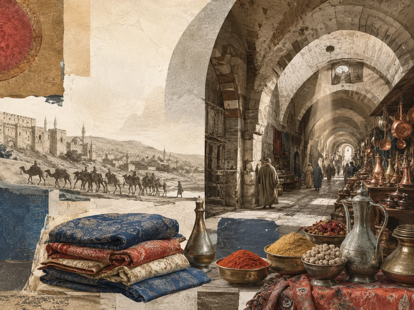 Editorial collage of Aleppo's caravan trade and covered souqs